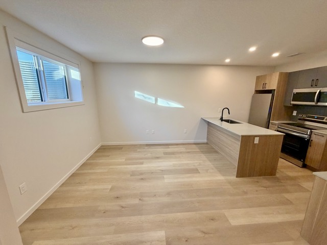 Living area with kitchen peninsula