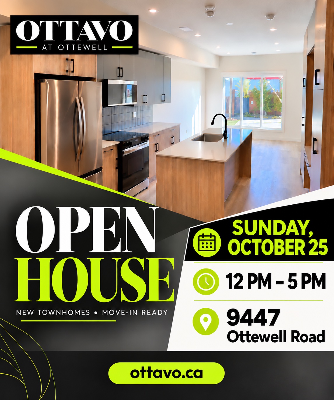 Open House at Ottavo at Ottewell: Sunday, October 25, 12 PM to 5 PM at 9447 Ottewell Road. New townhomes, move-in ready.